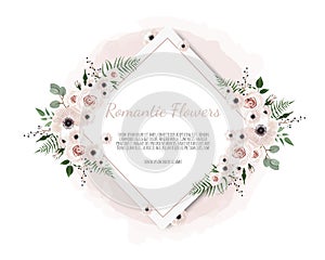 Vector floral design card. Greeting, postcard wedding invite template. Elegant frame with rose and anemone