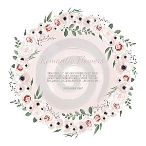 Vector floral design card. Greeting, postcard wedding invite template. Elegant frame with rose and anemone