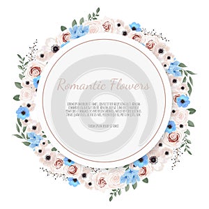 Vector floral design card. Greeting, postcard wedding invite template. Elegant frame with rose and anemone