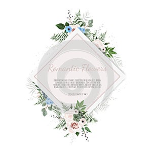 Vector floral design card. Greeting, postcard wedding invite template. Elegant frame with rose and anemone