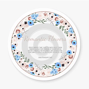 Vector floral design card. Greeting, postcard wedding invite template. Elegant frame with rose and anemone