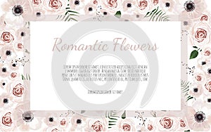 Vector floral design card. Greeting, postcard wedding invite template. Elegant frame with rose and anemone