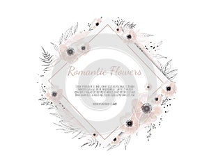 Vector floral design card. Greeting, postcard wedding invite template. Elegant frame with rose and anemone