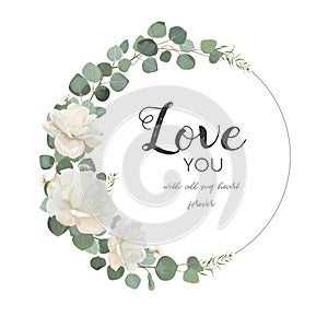 Vector floral design card. White Rose cute flower Eucalyptus bra
