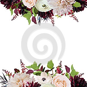 Vector floral design square card design pink Rose burgundy Dahlia flowers Anemone red Astilbe Agonis green garden leaves Wedding