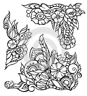 Vector floral elements for border, black contour