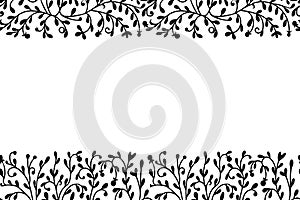 Vector floral frame black grass pattern isolated white background. Horizontal seamless border pattern