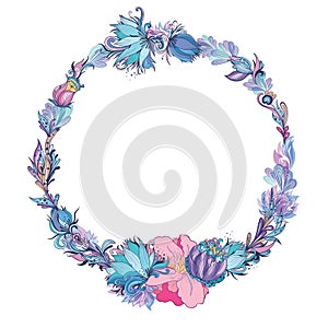 Vector Floral Frame in Indigo and Pink
