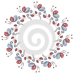 Vector floral frame with insects. Cute drawn border in the shape of circle with decorative roses and butterflies.