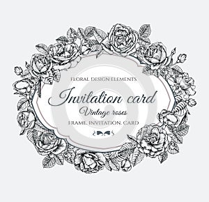 Vector floral frame with roses in vintage style. Invitation card with hand drawn flowers