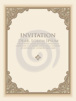 Vector floral and geometric monogram frame on light grey background with sample text. Monogram design element.
