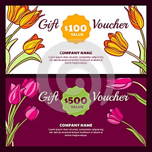 Vector floral gift voucher template. Colorful spring background with pink and yellow tulip flowers.