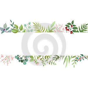 Vector floral greenery card design. Wedding invite poster with rustic garden branches and leaves. Trendy floral borders