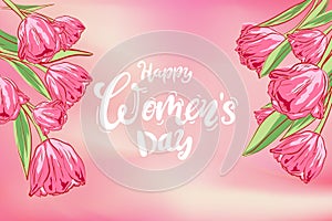 Vector floral greeting card. pink beautiful tulips, butterfly. Isolated. hand drawn illustration. Floral design, flower