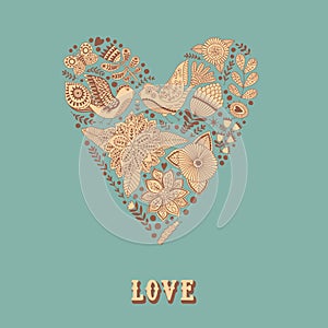 Vector floral heart made of flowers and herbs greeting card