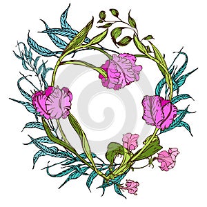 Vector floral heart with pink flowers and blue leaves