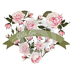 Vector floral heart shape background with rose flowers for st valentines day with love hand lettering.