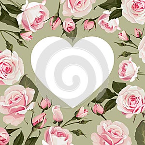 Vector floral heart shape frame with pink roses on olive green color background