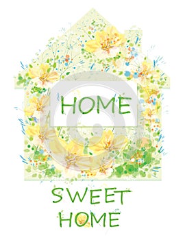 Vector floral house symbol. Home sweet home text,