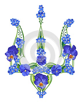 Vector floral illustration of symbol, emblem of Ukrainian statehood Trident.