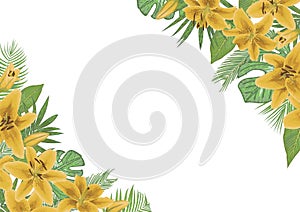 Vector floral invitation, invite model. Watercolor style tropical palm leaves, monstera, kentia palm trees, diffenbachia, coconut