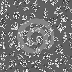 Vector floral pattern in doodle style with flowers and leaves. Gentle, spring floral background.