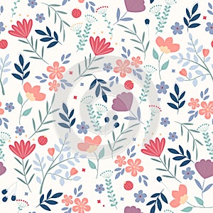 Vector floral pattern in doodle style with flowers and leaves on white background. Gentle, spring floral background. Can