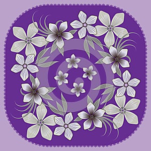 Vector floral pattern in gray pastel colors and decorative shaded flowers with leaves on a violet background for shawl, scarf,