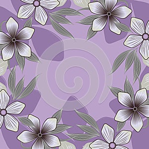 Vector floral pattern in gray pastel colors and decorative shaded flowers with leaves on a violet background for shawl, scarf,