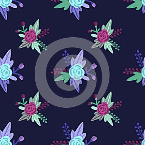 Vector floral pattern with violet and blue roses and leaves.