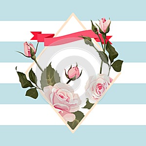 Vector floral rhombus shape frame with pink roses on blue striped background