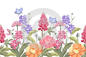 Vector floral seamless border. Spring flowers, green leaves, butterflies. Lupine, peony, tufted vetch, bird vetch, calendula, mari