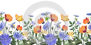 Vector floral seamless border. Summer flowers, green leaves. Chicory, mallow, gaillardia, marigold, oxeye daisy.