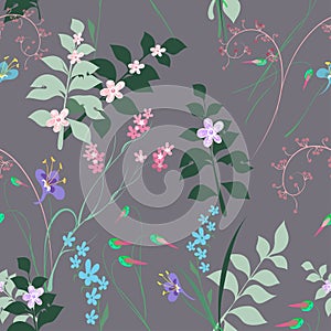 Vector floral seamless branch pattern, a bouquet of decorative wildflowers in pastel colors on a gray background for the design of