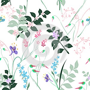 Vector floral seamless branch pattern, a bouquet of decorative wildflowers in pastel colors on a transparent background