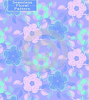 Vector floral seamless pattern. Beautiful hand-drawn flowers. Colors: purple, pink, blue