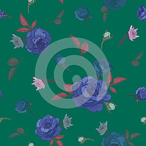 Vector floral seamless pattern with blue roses, and chrysanthemums