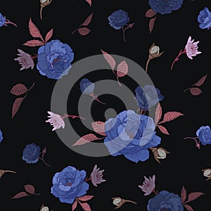 Vector floral seamless pattern with blue roses, and chrysanthemums