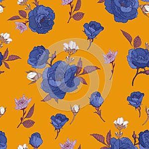 Vector floral seamless pattern with blue roses, chrysanthemums and white jasmine