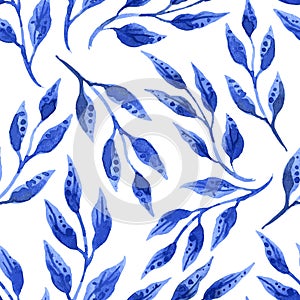 Vector floral seamless pattern with blue watercolor branches and leaves on white background