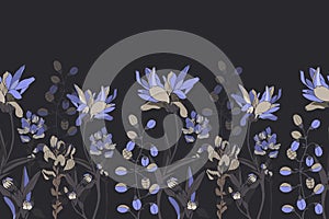 Vector floral seamless pattern, border. Horizontal panoramic design with blue flowers with dark gray leaves.