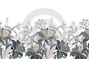 Vector floral seamless pattern, border. Horizontal panoramic design with lily flowers in beige and gray colors.