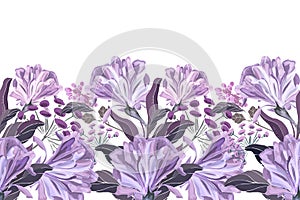 Vector floral seamless pattern, border. Horizontal panoramic design with purple and lilac flowers.