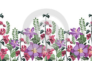 Vector floral seamless pattern, border. Horizontal panoramic illustration with colorful field, meadow flowers isolated