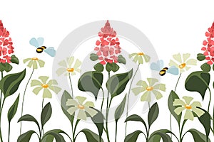 Vector floral seamless pattern, border. Horizontal panoramic illustration with flowers and bees on a white background.