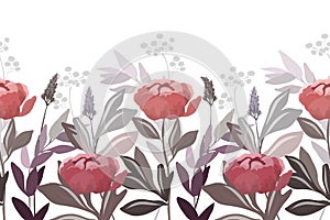 Vector floral seamless pattern, border. Horizontal panoramic image of red flowers with dark gray leaves.
