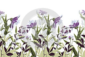 Vector floral seamless pattern, border. Horizontal panoramic image with white-purple flowers.