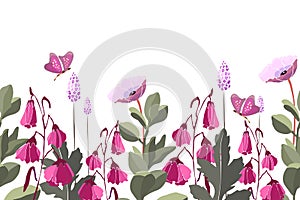 Vector floral seamless pattern, border. Summer background with pink flowers, green leaves, butterflies.