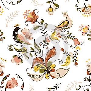 Vector floral seamless pattern with flowers and birds in russian folk art painting style