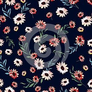 Vector floral seamless pattern with flowers on dark blue back